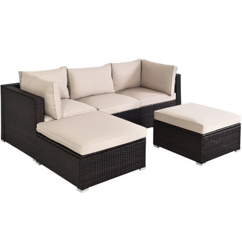 5 Pieces Patio Rattan Sofa Set with Cushion and Ottoman-Beige 5 Pieces