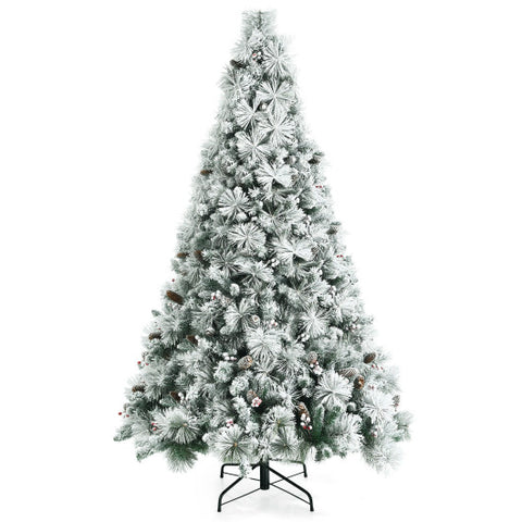 7 Feet Snow Flocked Christmas Tree with Pine Cone and Red Berries 7 Feet