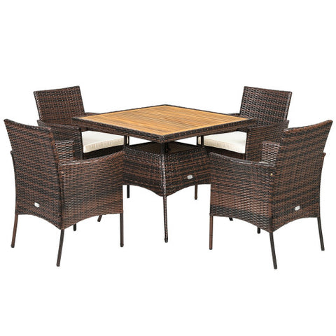5 Pieces Patio Rattan Dining Furniture Set with Arm Chair and Wooden Table