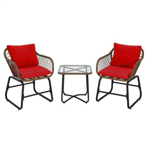 3 Pieces Patio Rattan Bistro Set Cushioned Chair Glass Table Deck-Red 3