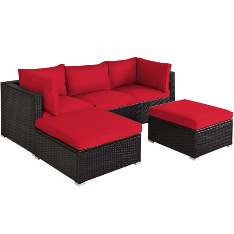 5 Pieces Patio Rattan Sofa Set with Cushion and Ottoman-Red 5 Pieces Patio