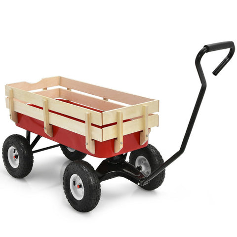 Outdoor Pulling Garden Cart Wagon with Wood Railing Outdoor Pulling Garden