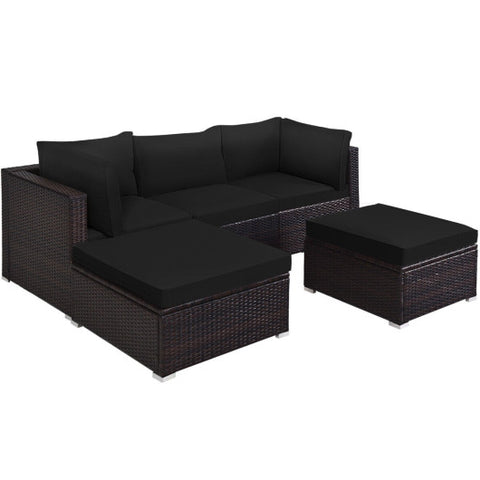 5 Pieces Patio Sectional Rattan Furniture Set with Ottoman Table-Black 5