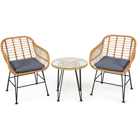 3 Pieces Rattan Furniture Set with Cushioned Chair Table-Gray 3 Pieces