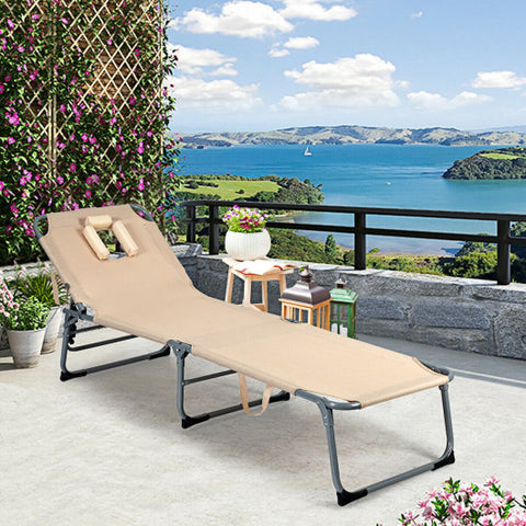 Folding Chaise Lounge Chair Bed Adjustable Outdoor Patio Beach-Beige