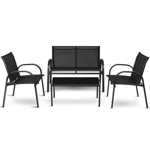 4 Pieces Patio Furniture Set with Glass Top Coffee Table-Black 4 Pieces