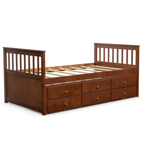 Twin Captain’s Bed with Trundle and 3 Storage Drawers-Walnut Twin Captain’s