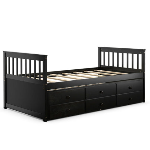 Twin Captain’s Bed with Trundle and 3 Storage Drawers-Dark Brown Twin