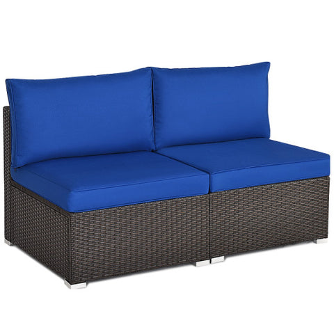 2 Pieces Patio Rattan Armless Sofa Set with 2 Cushions and 2 Pillows-Navy 2