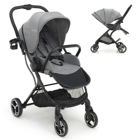 High Landscape Foldable Baby Stroller with Reversible Reclining Seat-Gray