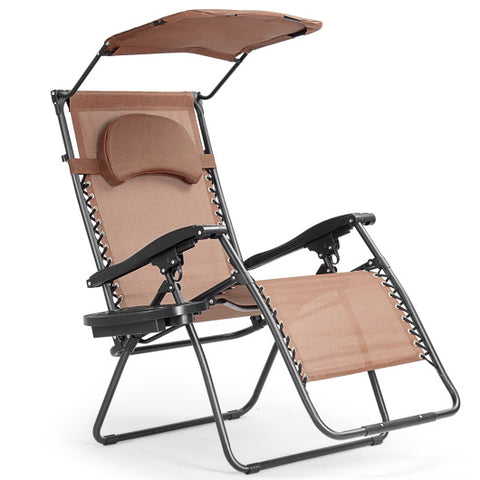 Folding Recliner Lounge Chair with Shade Canopy Cup Holder-Brown Folding