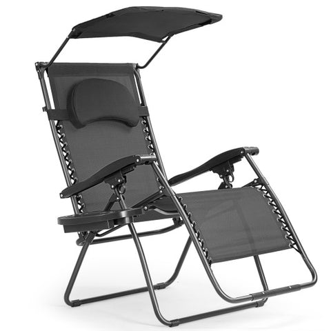 Folding Recliner Lounge Chair with Shade Canopy Cup Holder-Black Folding