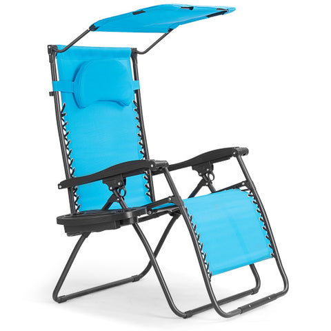 Folding Recliner Lounge Chair with Shade Canopy Cup Holder-Blue Folding