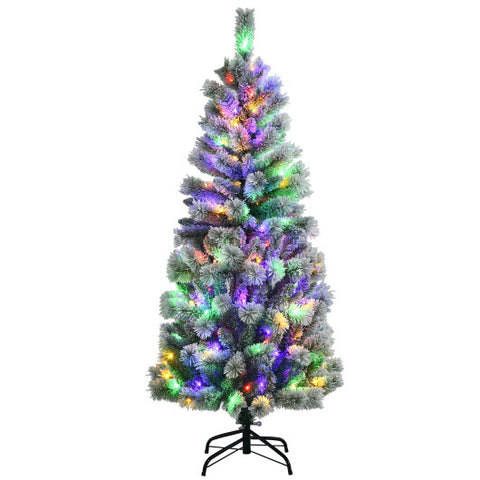 5 Feet Pre-Lit Hinged Christmas Tree Snow Flocked with 9 Modes Remote