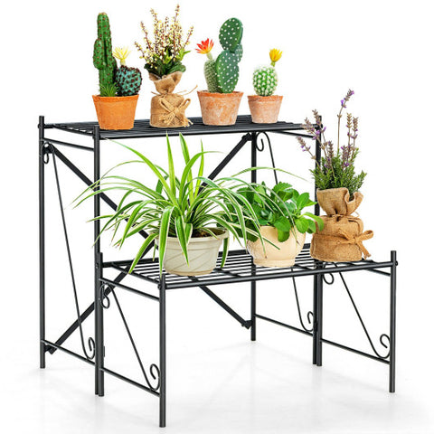 2-Tier Stair Style Metal Plant Stand for Indoor and Outdoor-Black 2-Tier