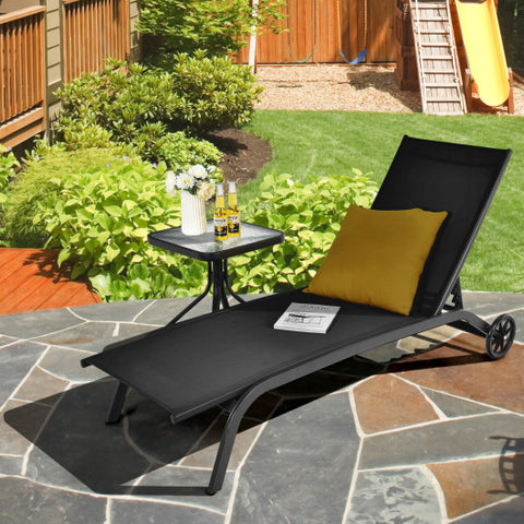 6-Poisition Adjustable Outdoor Chaise Recliner with Wheels-Black