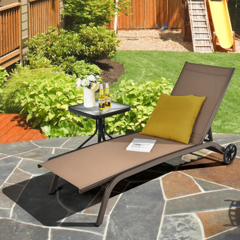 6-Poisition Adjustable Outdoor Chaise Recliner with Wheels-Brown
