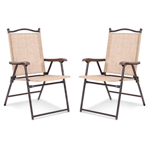 Set of 2 Patio Folding Sling Back Camping Deck Chairs-Beige Set of 2 Patio