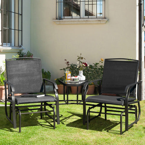 Double Swing Glider Rocker Chair set with Glass Table-Black Double Swing