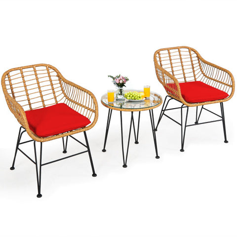 3 Pieces Rattan Furniture Set with Cushioned Chair Table-Red 3 Pieces