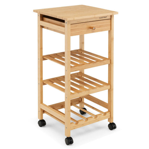 Bamboo Rolling Kitchen Trolley Cart with Drawer and Wine Rack-Natural