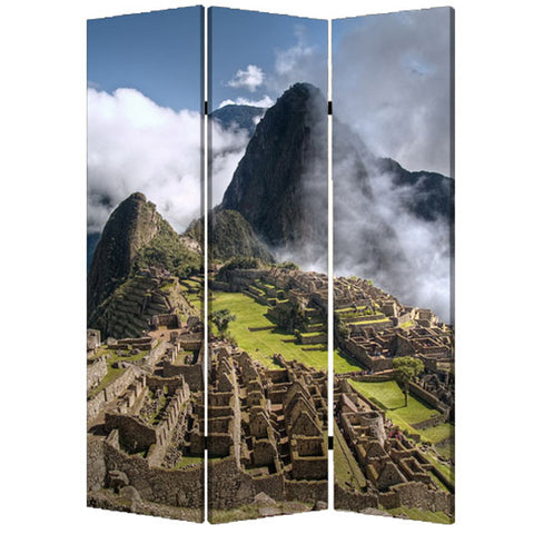 48" X 72" Multi Color Wood Canvas Machu Picchu  Screen