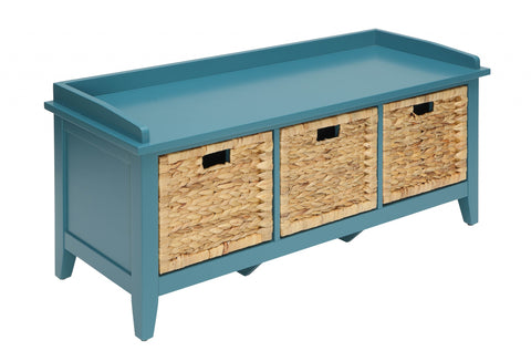 43" Teal Blue Solid Wood Bench with Drawers