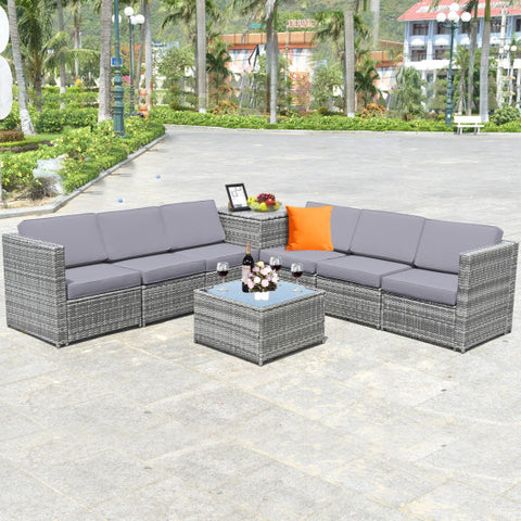 8 Pieces Wicker Sofa Rattan Dining Set Patio Furniture with Storage