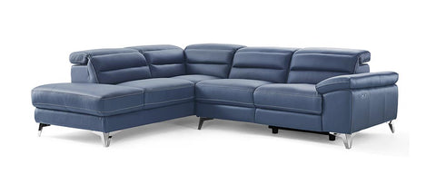 Navy Blue Top Grain Leather Reclining L Shaped Two Piece Sofa and Chaise Sectional