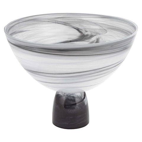 10" Black and Gray Swirl Mouth Blown Glass Footed Centerpiece Bowl