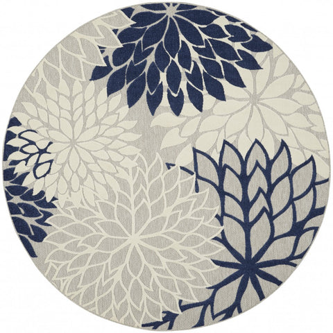 8' Round Ivory And Blue Round Floral Indoor Outdoor Area Rug