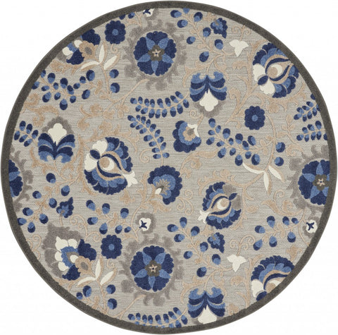 4' Round Blue And Gray Round Floral Indoor Outdoor Area Rug