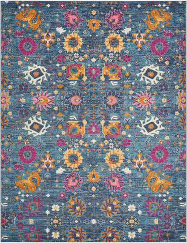 8' X 10' Blue And Orange Floral Power Loom Area Rug