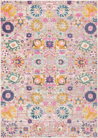 5' x 7' Gray and Pink Floral Power Loom Distressed Area Rug