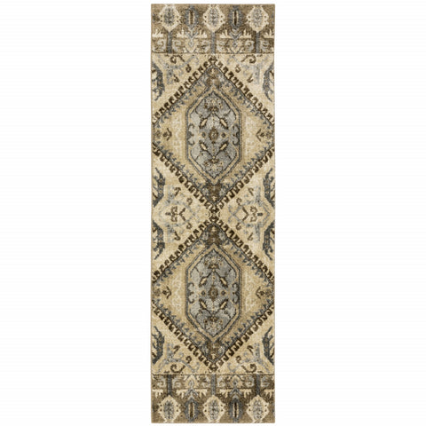 2��� X 8��� Tan And Gold Central Medallion Indoor Runner Rug