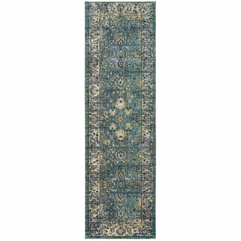 2��� X 8��� Peacock Blue And Ivory Indoor Runner Rug