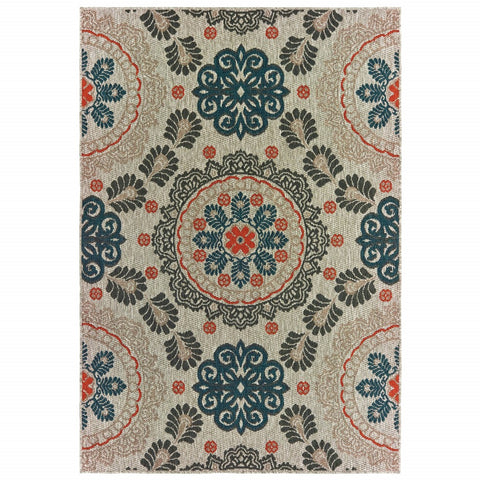 3' X 5' Blue and Gray Damask Indoor Outdoor Area Rug