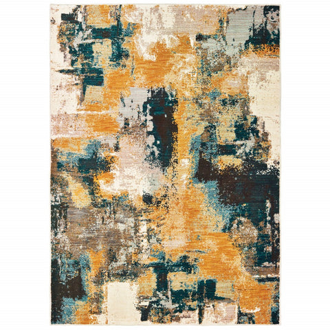 2���X3��� Blue And Gold Abstract Strokes Scatter Rug