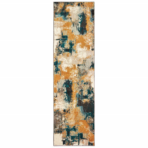 2���X8��� Blue And Gold Abstract Strokes Runner Rug