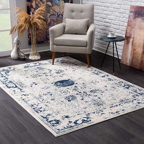 8��� X 11��� Navy Blue Distressed Floral Area Rug