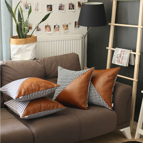 Set Of 4 Houndstooth Brown Faux Leather Pillow Covers