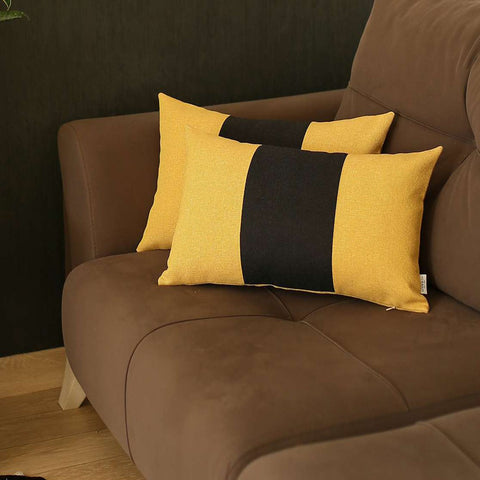 Set Of 2 Yellow And Black Lumbar Pillow Covers