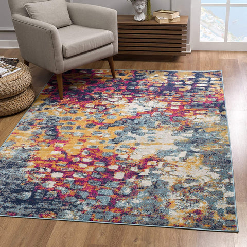5' X 7' Blue And Gold Abstract Dhurrie Area Rug
