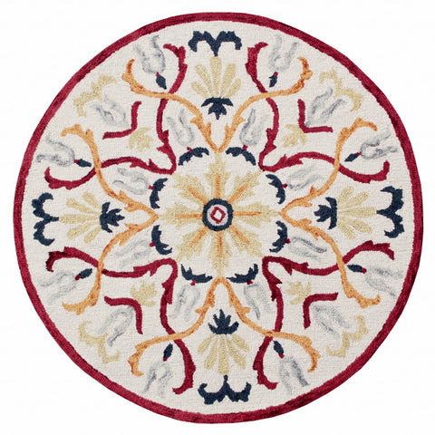 4��� Round Red and Ivory Floral Filigree Area Rug