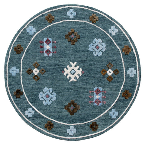 5' Blue Round Wool Hand Hooked Handmade Area Rug