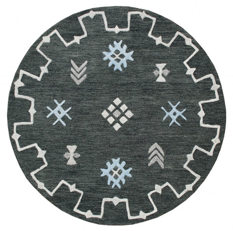 5' Charcoal Round Wool Hand Hooked Handmade Area Rug