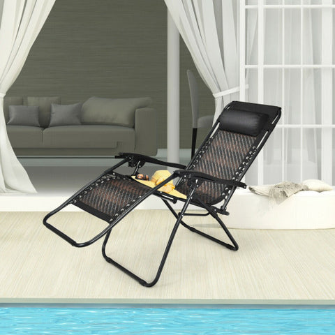 Folding Rattan Zero Gravity Lounge Chair with Removable Head Pillow-Brown