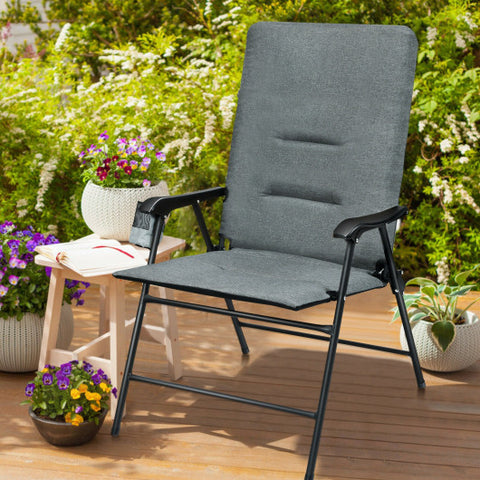Patio Folding Padded Chair with High Backrest and Cup Holder-Gray Patio
