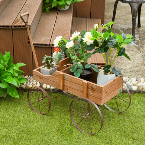 Wooden Wagon Plant Bed With Wheel for Garden Yard-Brown Wooden Wagon Plant