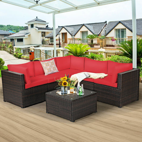 6 Pieces Patio Rattan Furniture Set Sectional Cushioned Sofa Deck-Red 6